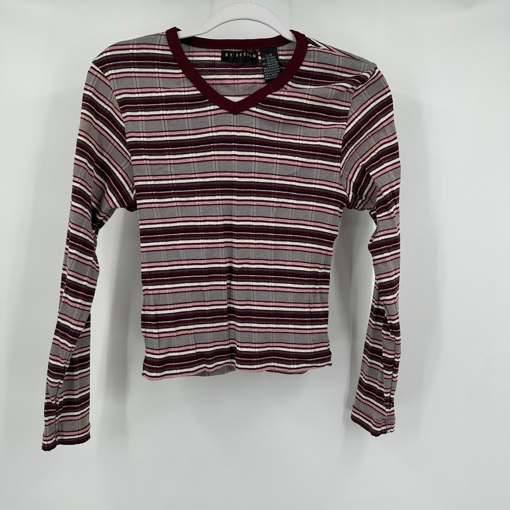 Womens Y2K Baby Tee Size L Indie Soft Girl Striped Ribbed Academia Collegiate
